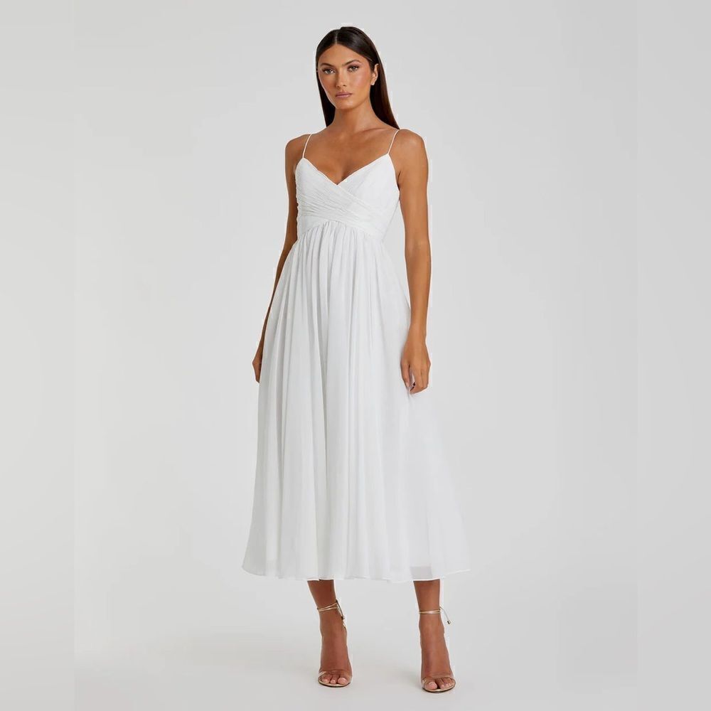 Mac Duggal NWOT Faux Wrap Sleeveless Flowy Midi Dress size XS in white
